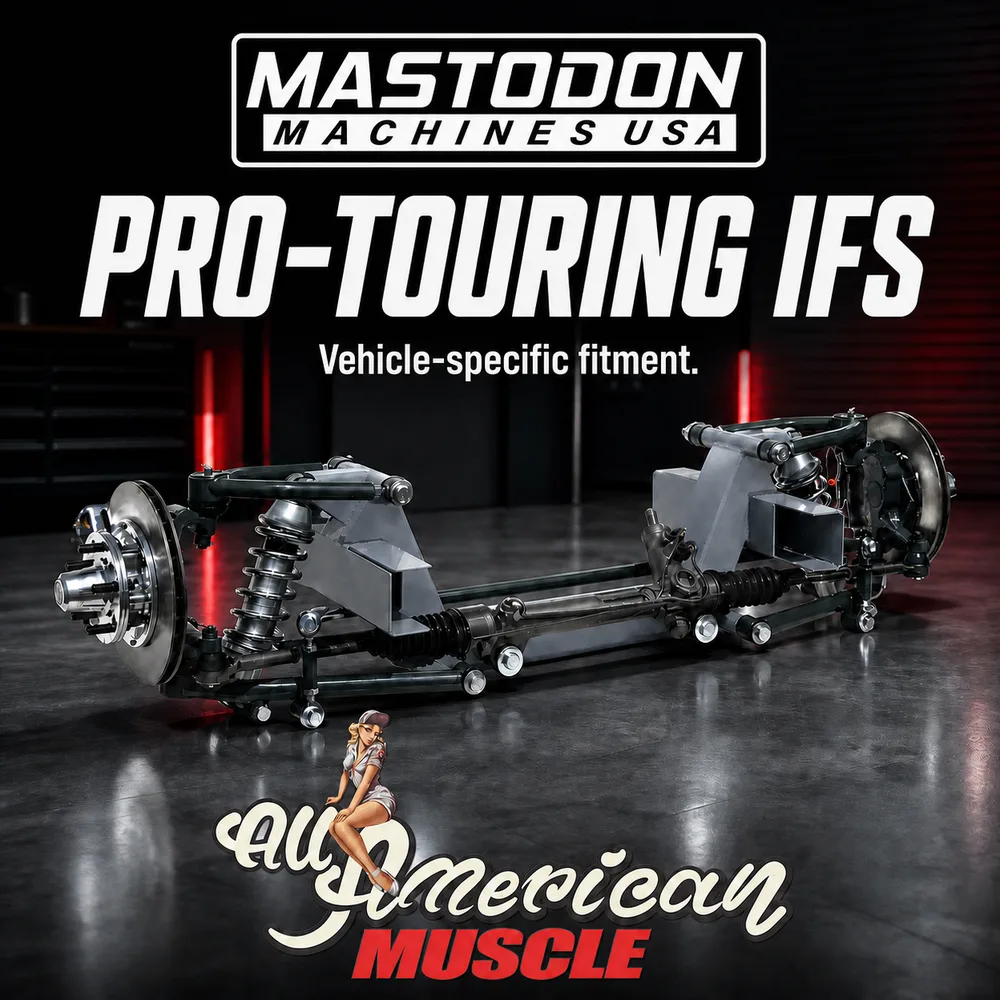 Mastodon Machines USA pro-touring independent front suspension crossmember with coilovers, rack and disc brakes